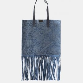 Shopping Bag Frasette in pelle denim stampa glitter con frange M