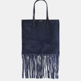 Shopping Bag Frasette in pelle scamosciata blu traforata con frange M