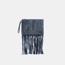 Pochette Frasette in pelle scamosciata denim stampa glitter con frange M