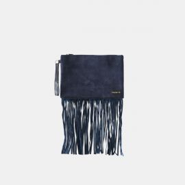 Pochette Frasette in pelle scamosciata traforata blu con frange M