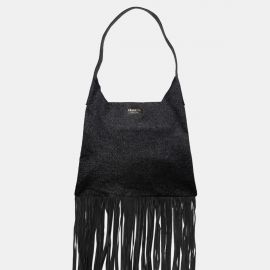 W Bag Frasette in pelle nera glitter con frange M 