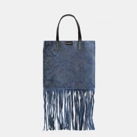 Shopping Bag Frasette in pelle scamosciata denim stampa glitter con frange S