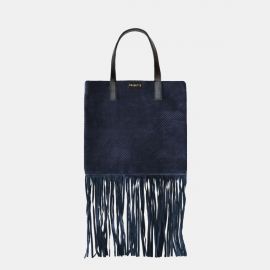 Shopping Bag Frasette in pelle traforata blu con frange S